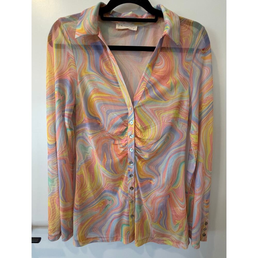 Shear Retro Rainbow Button Down Blouse Womens Large Festival Boho